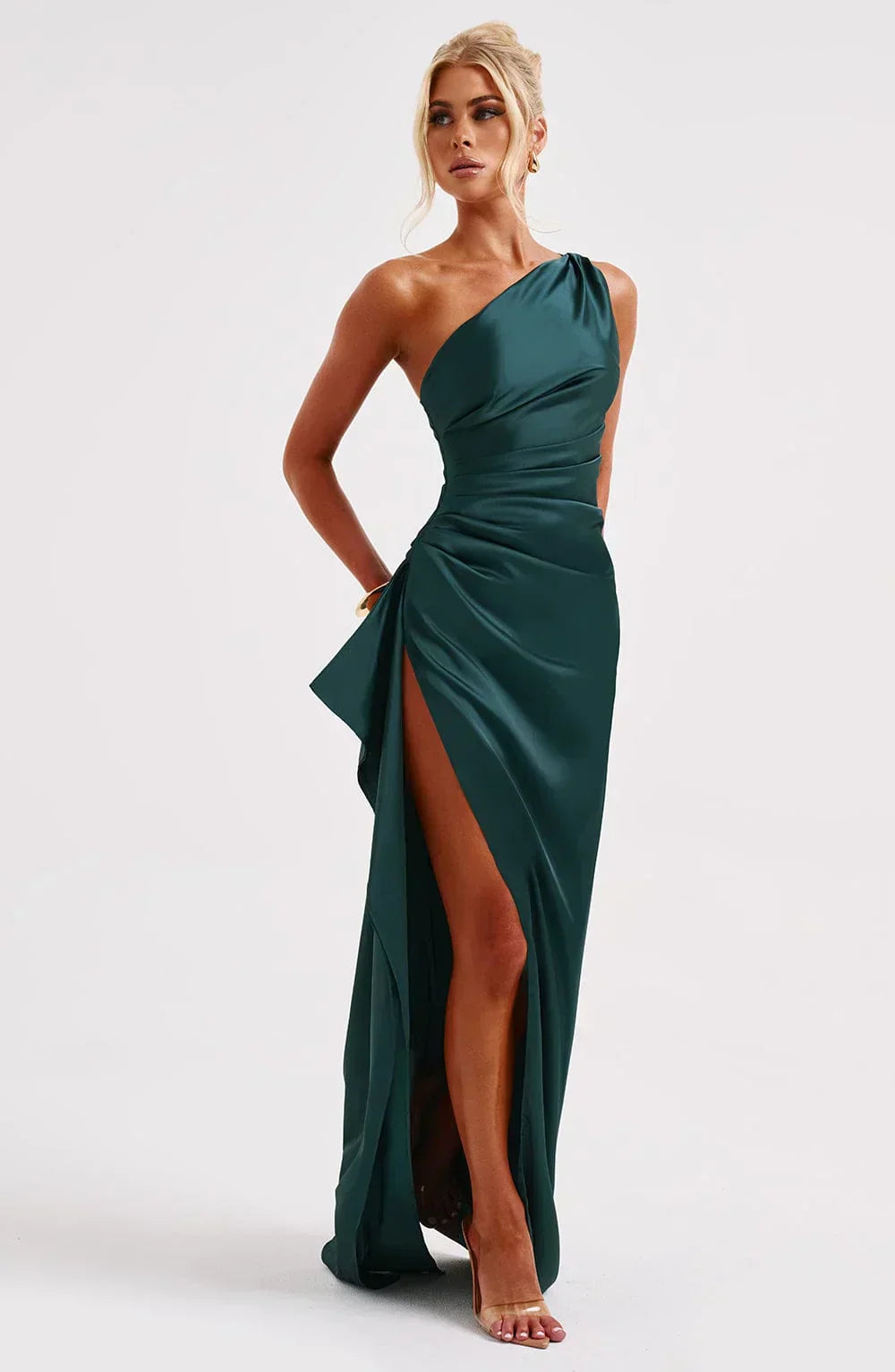 Elegant Satin One Shoulder Maxi Evening Dress with High Split