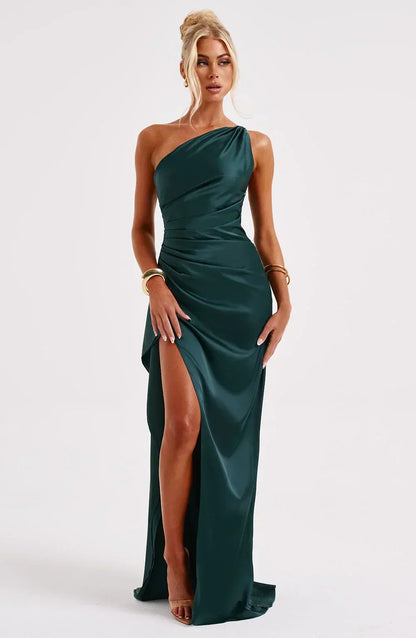 Elegant Satin One Shoulder Maxi Evening Dress with High Split