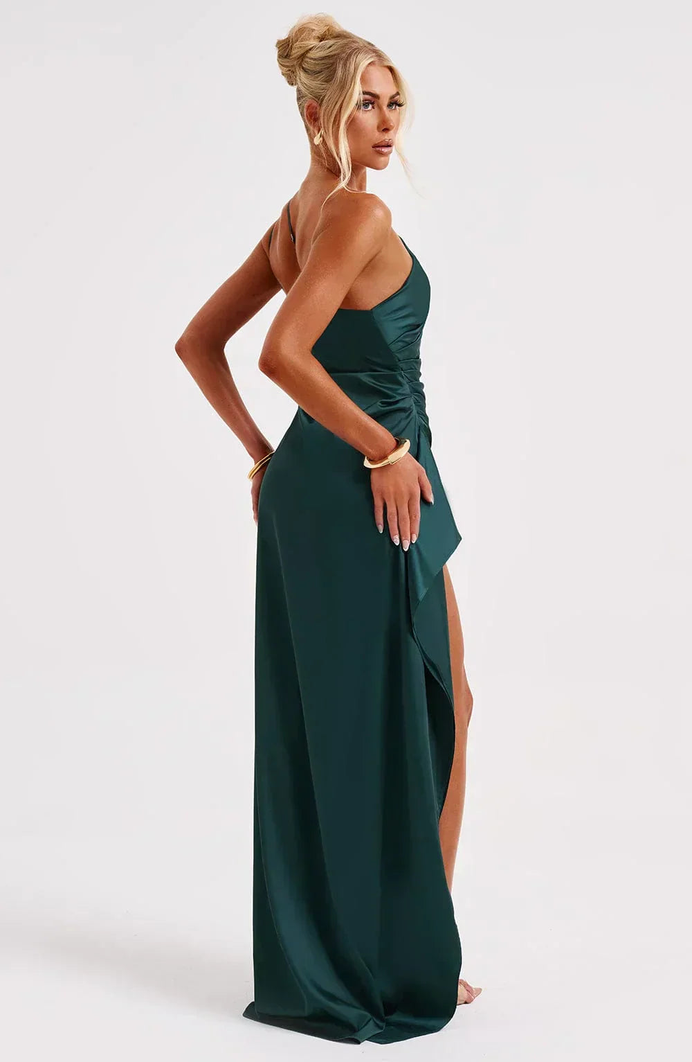 Elegant Satin One Shoulder Maxi Evening Dress with High Split