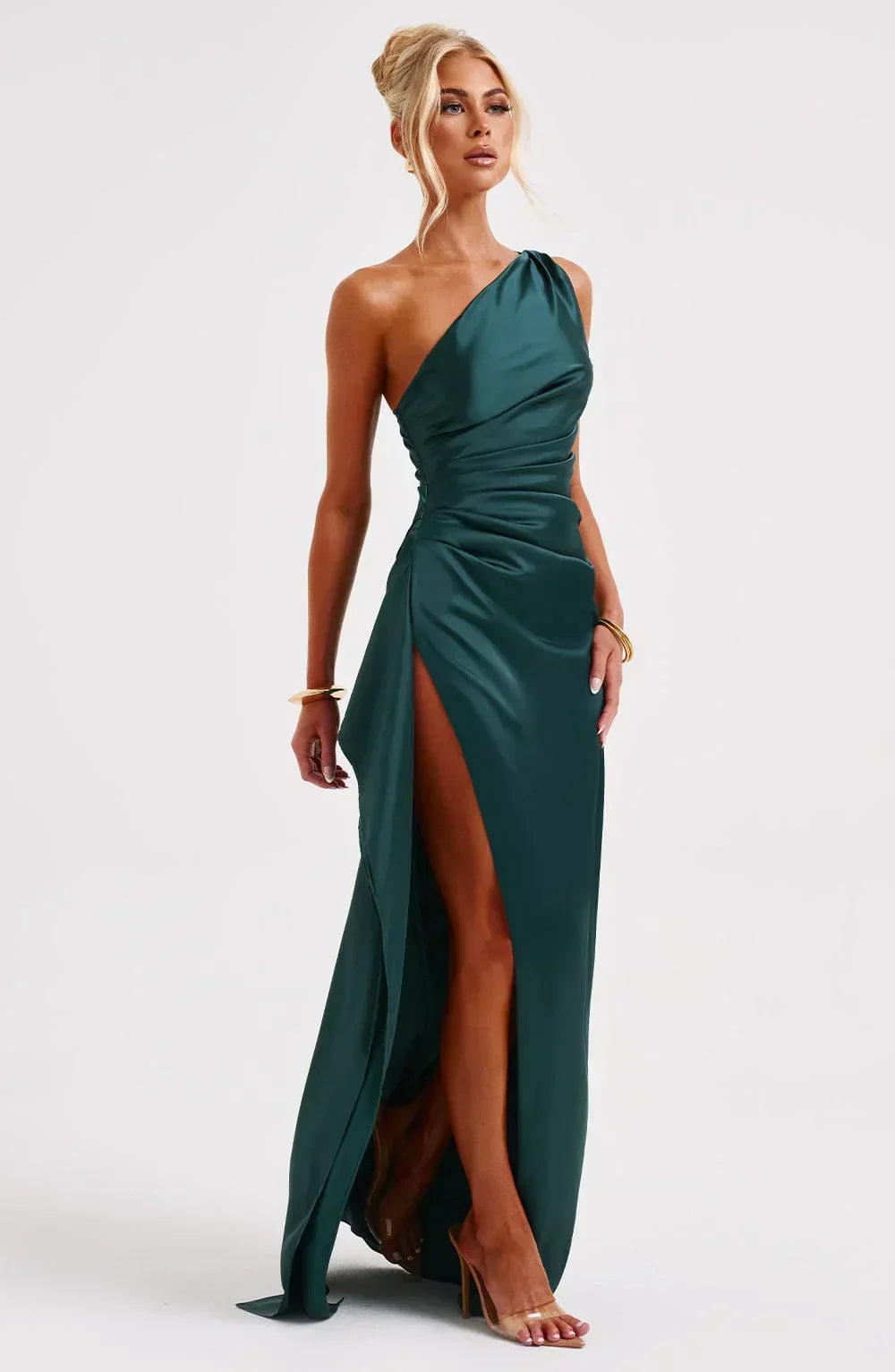 Elegant Satin One Shoulder Maxi Evening Dress with High Split