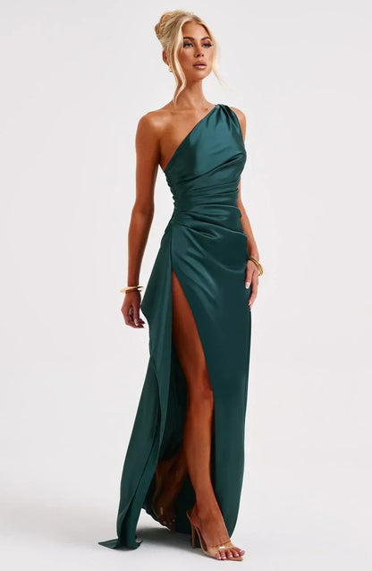 Elegant Satin One Shoulder Maxi Evening Dress with High Split