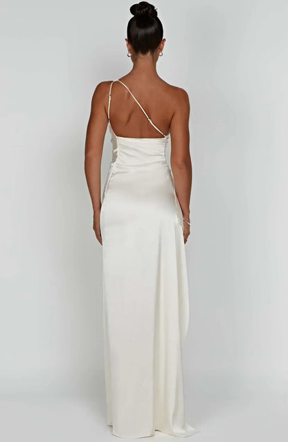Elegant Satin One Shoulder Maxi Evening Dress with High Split