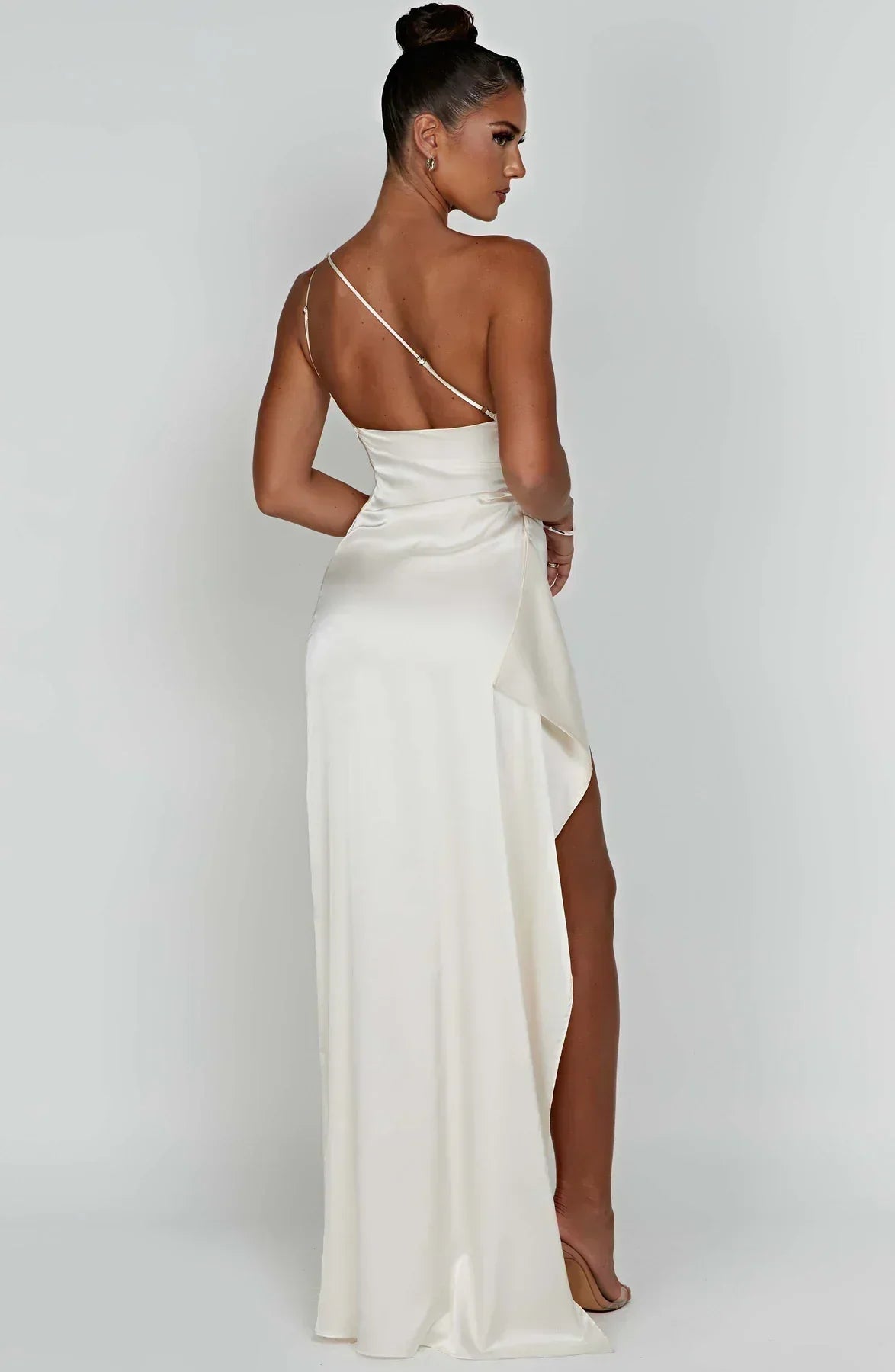 Elegant Satin One Shoulder Maxi Evening Dress with High Split