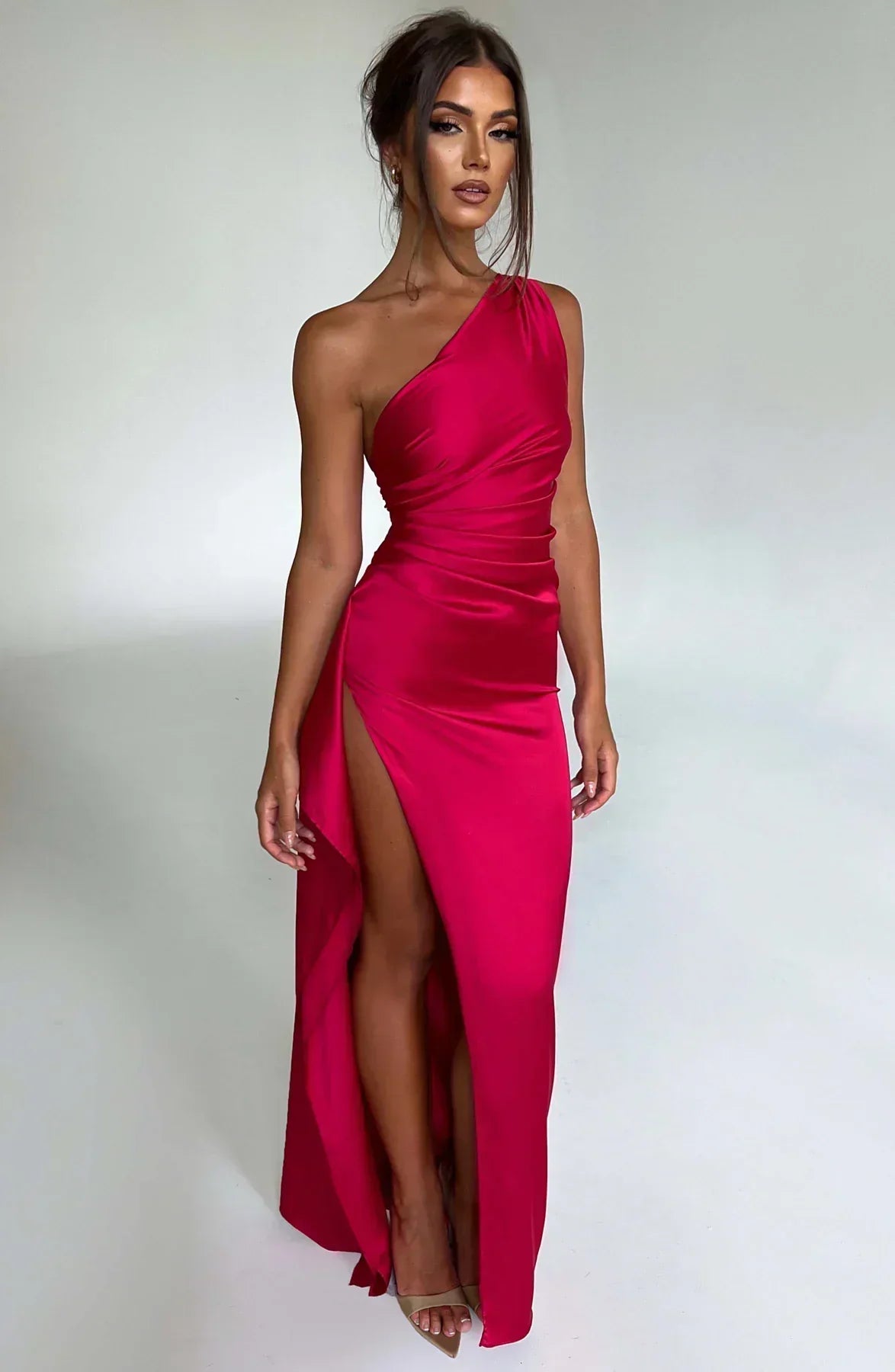 Elegant Satin One Shoulder Maxi Evening Dress with High Split