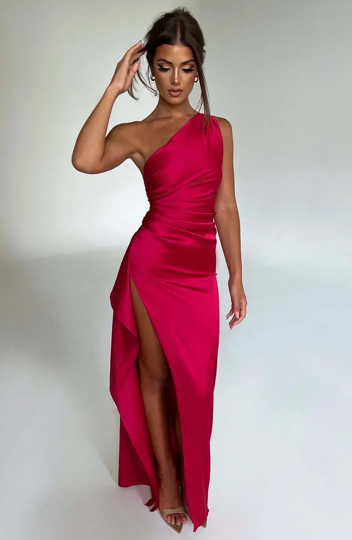 Elegant Satin One Shoulder Maxi Evening Dress with High Split