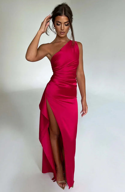 Elegant Satin One Shoulder Maxi Evening Dress with High Split