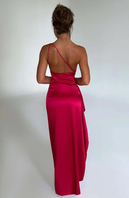 Elegant Satin One Shoulder Maxi Evening Dress with High Split