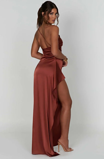 Elegant Satin One Shoulder Maxi Evening Dress with High Split