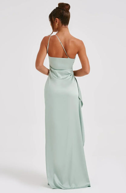 Elegant Satin One Shoulder Maxi Evening Dress with High Split