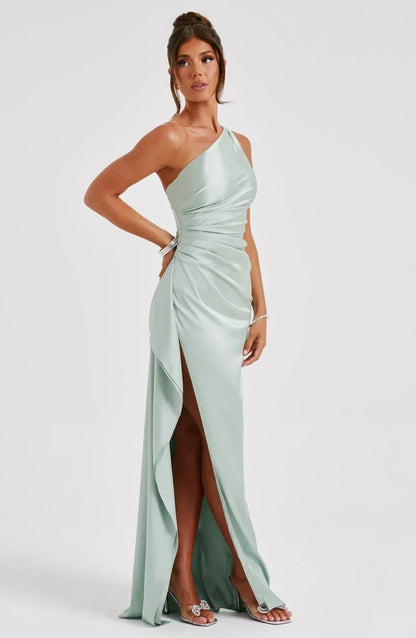 Elegant Satin One Shoulder Maxi Evening Dress with High Split