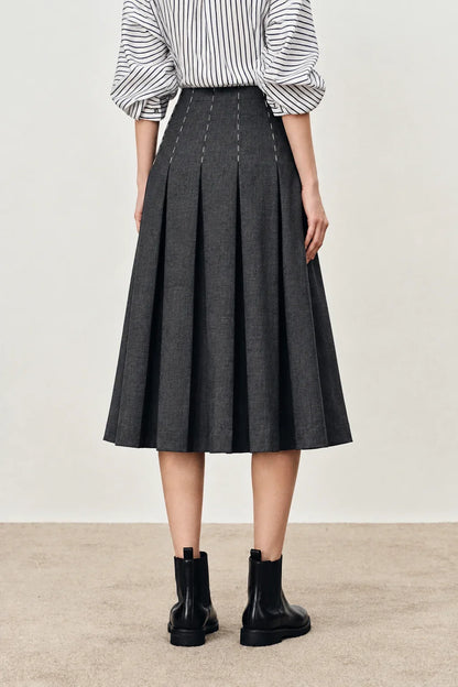 Ladies Pleated Midi Skirt with Pockets and Stitching