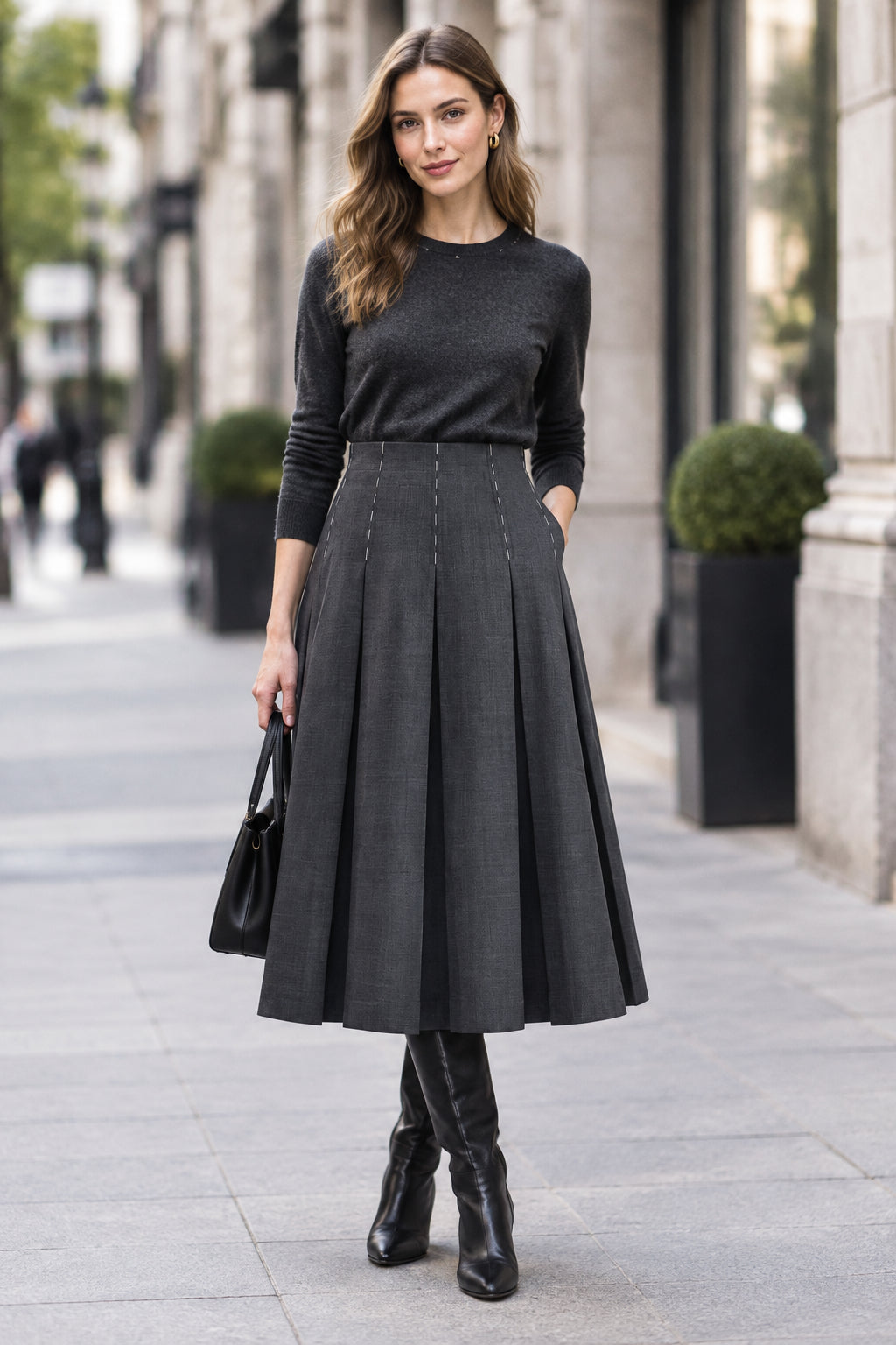 Ladies Pleated Midi Skirt with Pockets and Stitching