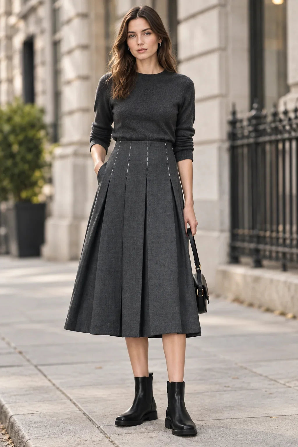 Ladies Pleated Midi Skirt with Pockets and Stitching