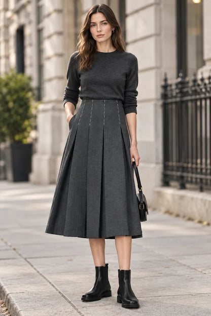 Ladies Pleated Midi Skirt with Pockets and Stitching