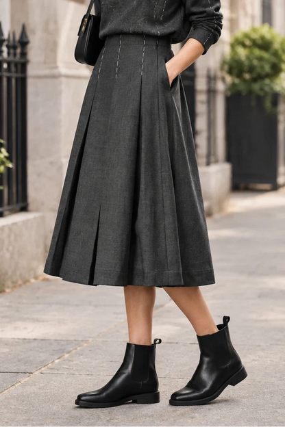 Ladies Pleated Midi Skirt with Pockets and Stitching