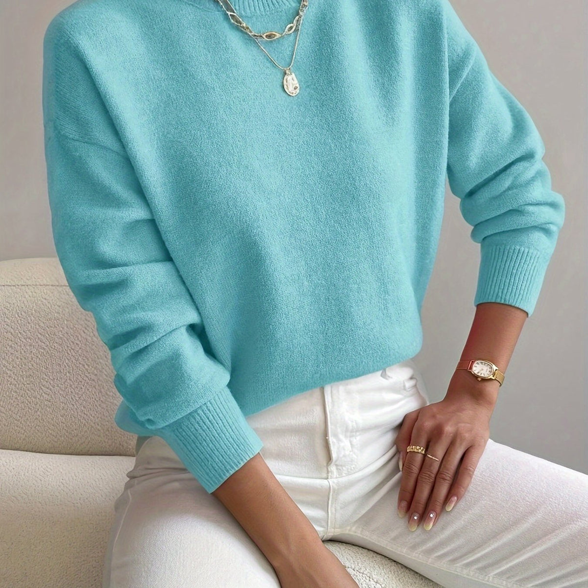 Camisola de malha para senhora, de gola subida e manga comprida, para o outono e o inverno