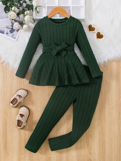 Girls' Kids 2-Piece Casual Round Neck Long Sleeve Top with Bow & Trousers - Ember