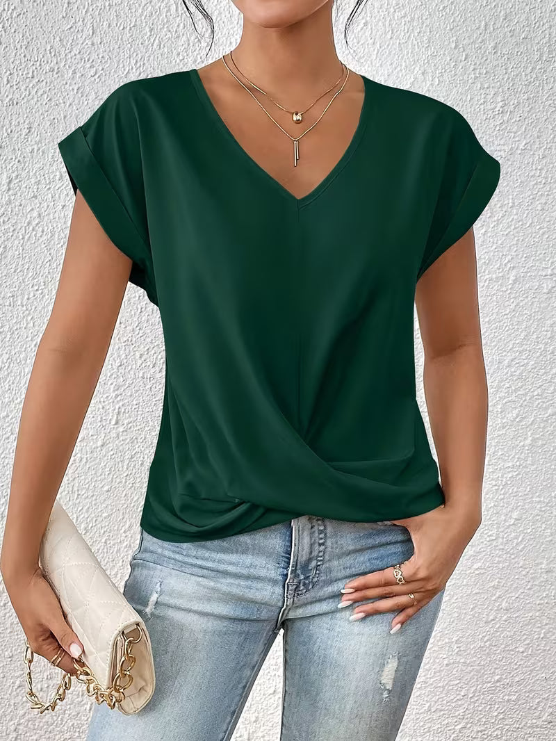 Breathable Elegant Ladies Top with V Neck and Twisted Detail