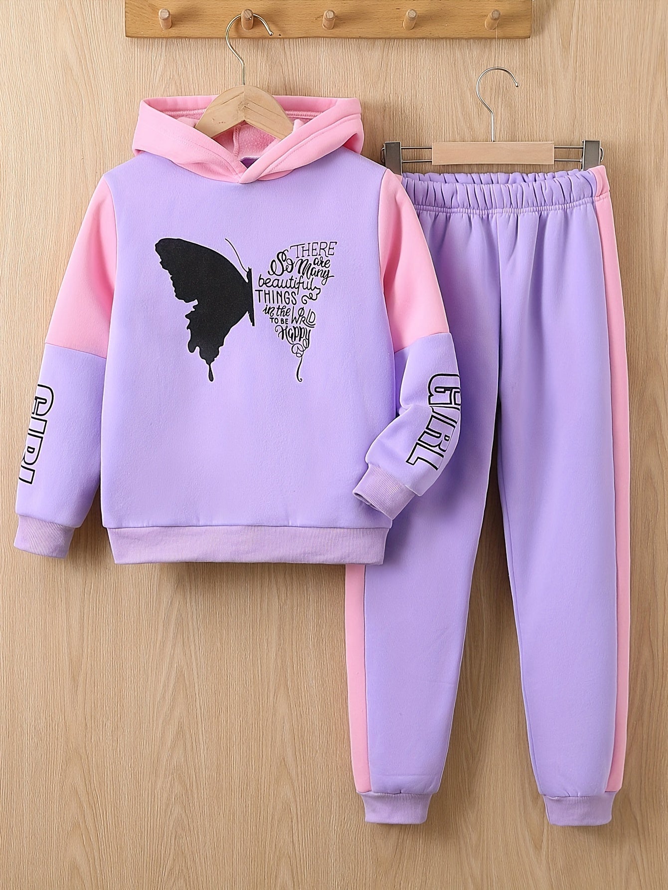 2-piece girls fleece hoodie sweater with butterfly print pants - Angel
