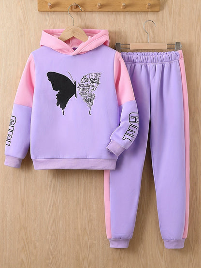 2-piece girls fleece hoodie sweater with butterfly print pants - Angel
