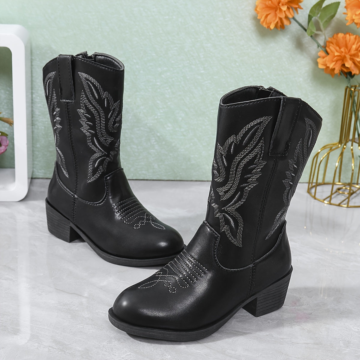 Girls' Vintage Embroidered Pattern Zip Lightweight Anti-Slip Boots - Nikka