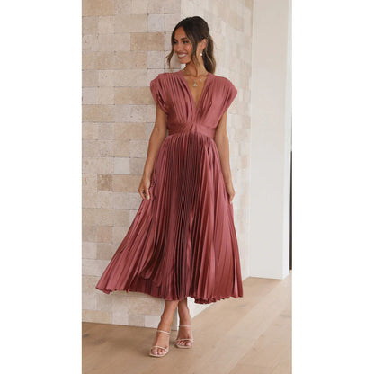 Ilse - Refined Pleated Midi Dress with V-Neck