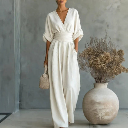 Summer Short-sleeved Jumpsuit V-neck