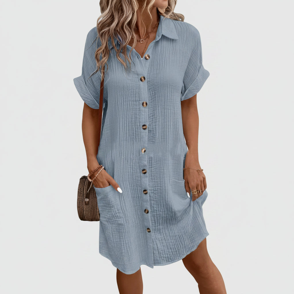 Vestito camicia a maniche corte tinta unita per donna