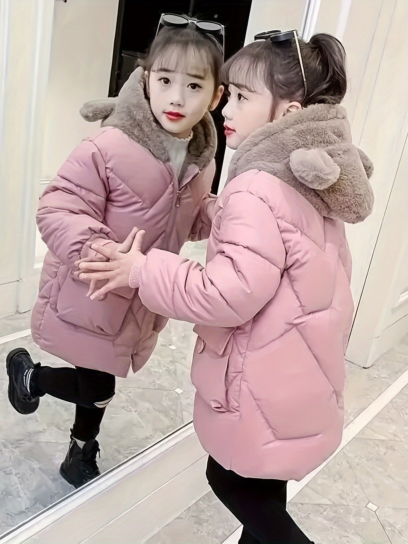 Girls' Winter Cute Polyester Parka with Hood and Zip Detail - Denice
