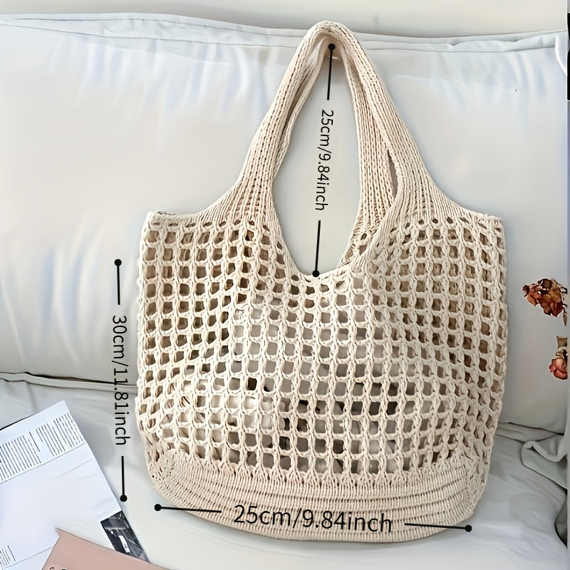 Borsa da spiaggia intrecciata a rete aperta, capiente, da donna