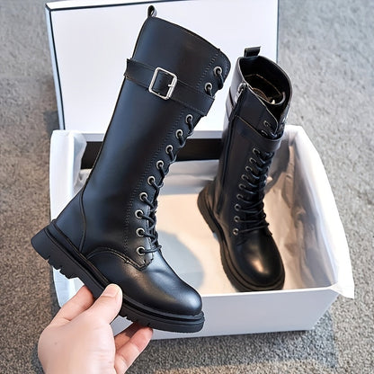 Girls' Knee-High Boots with Zip Closure, Lace Design and Buckle - Susan