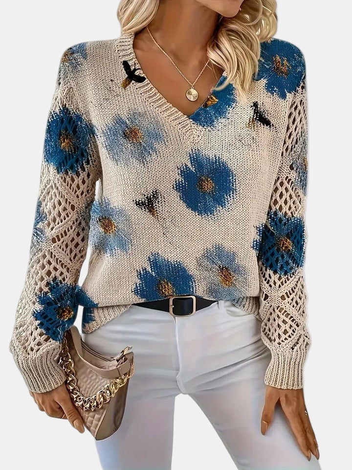 Ladies' Knitted Jumper with Floral Print and V-Neck