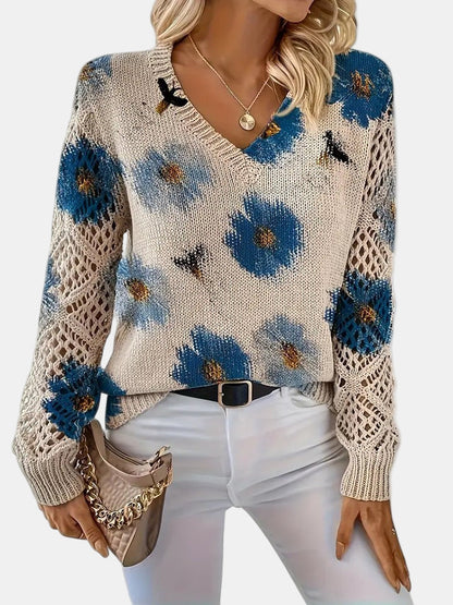 Ladies' Knitted Jumper with Floral Print and V-Neck