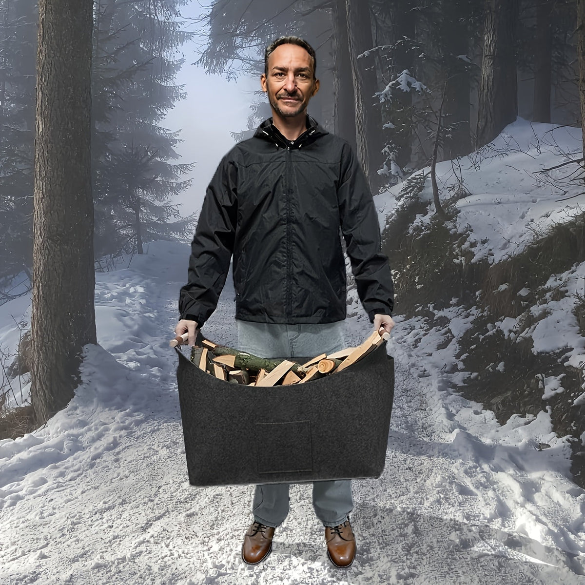 Foldable Felt Log Basket XL with Wooden Handles – Sustainable and Stylish Wood Carrier for Indoor Use