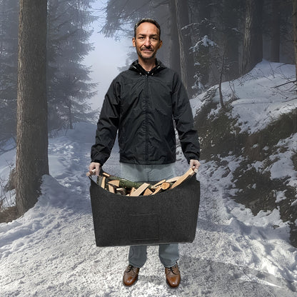 Foldable Felt Log Basket XL with Wooden Handles – Sustainable and Stylish Wood Carrier for Indoor Use
