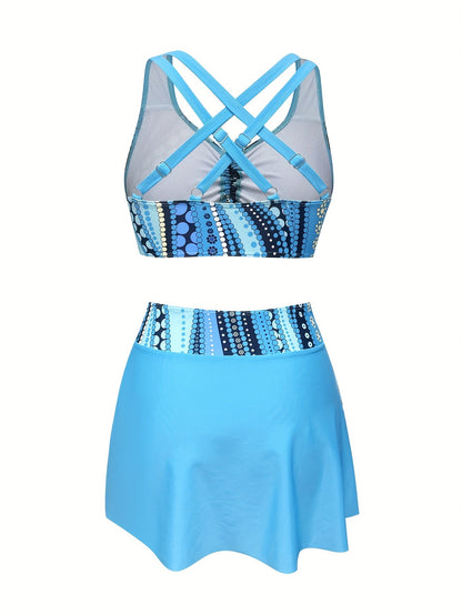Set tankini de damă în trei piese, cu imprimeu cu buline și fustă