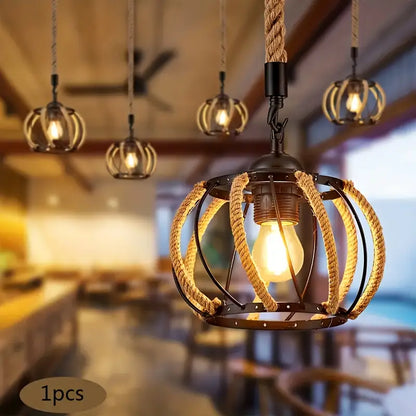 Industrial Pendant Light with Braided Rope and Metal Frame for Interiors