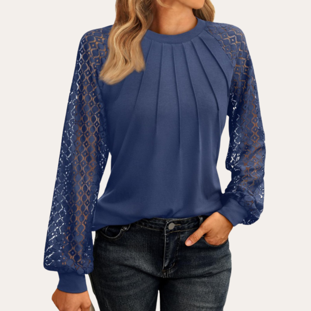 Ladies' Blouse with Lace Sleeves and Pleated Neckline