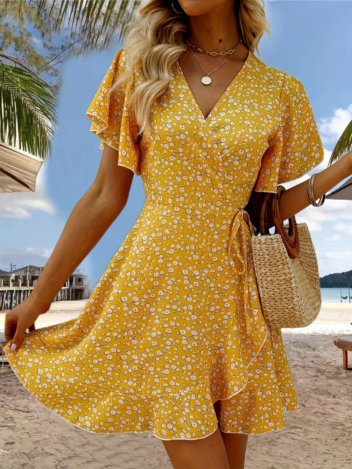 Leichtes Sommerkleid für Damen mit Blumenmuster und elegantem Wickeldesign