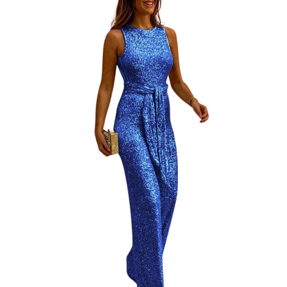 Combinaison scintillante sans manches pour femme | ceinture
