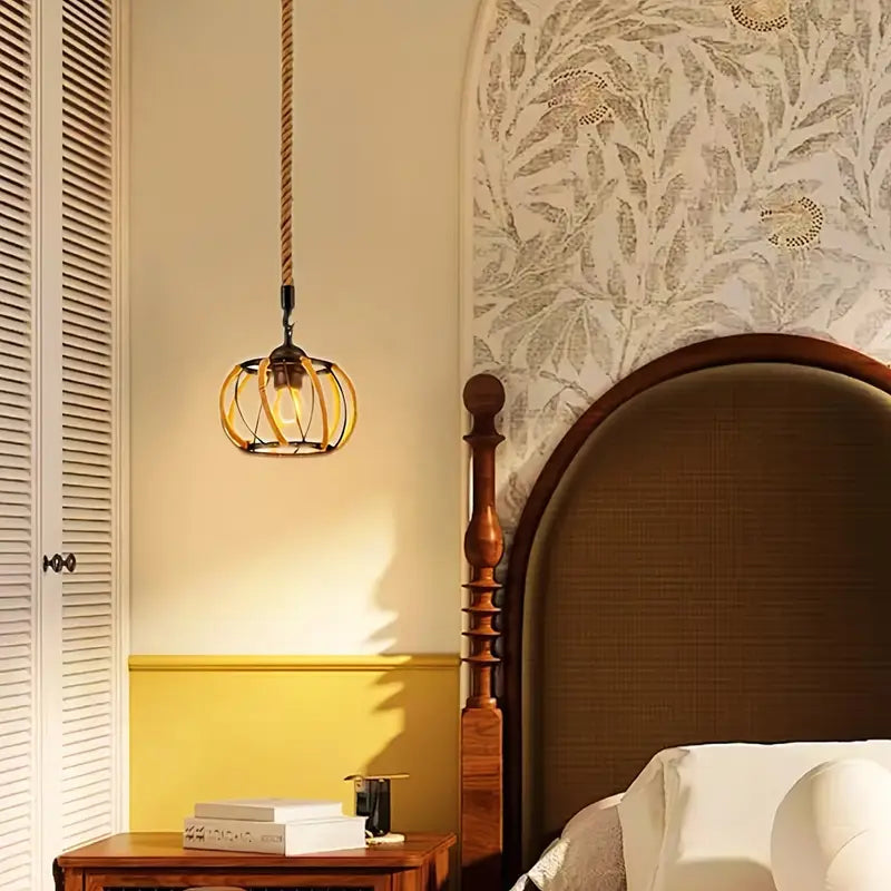 Industrial Pendant Light with Braided Rope and Metal Frame for Interiors