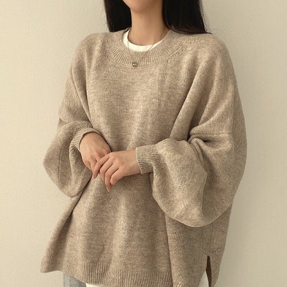 Ladies' Cosy Oversized Sweater with Balloon Sleeves and Slits