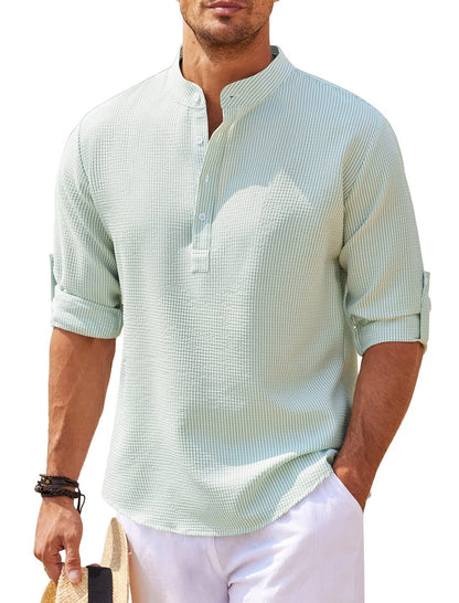 Long Sleeve Shirt with Stand-up Collar and Solid Colour