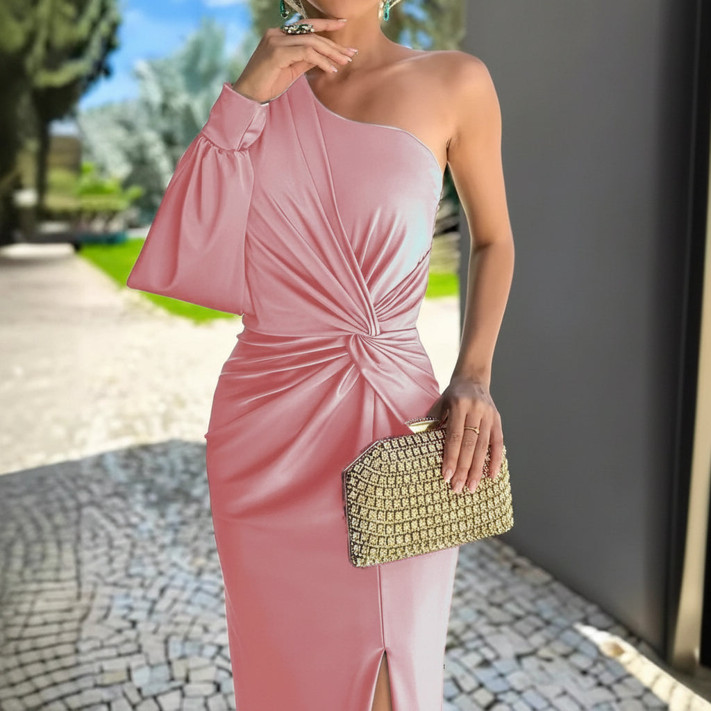 Ladies' Dress with Diagonal Shoulder Button, Split and Solid Color, Slim Fit