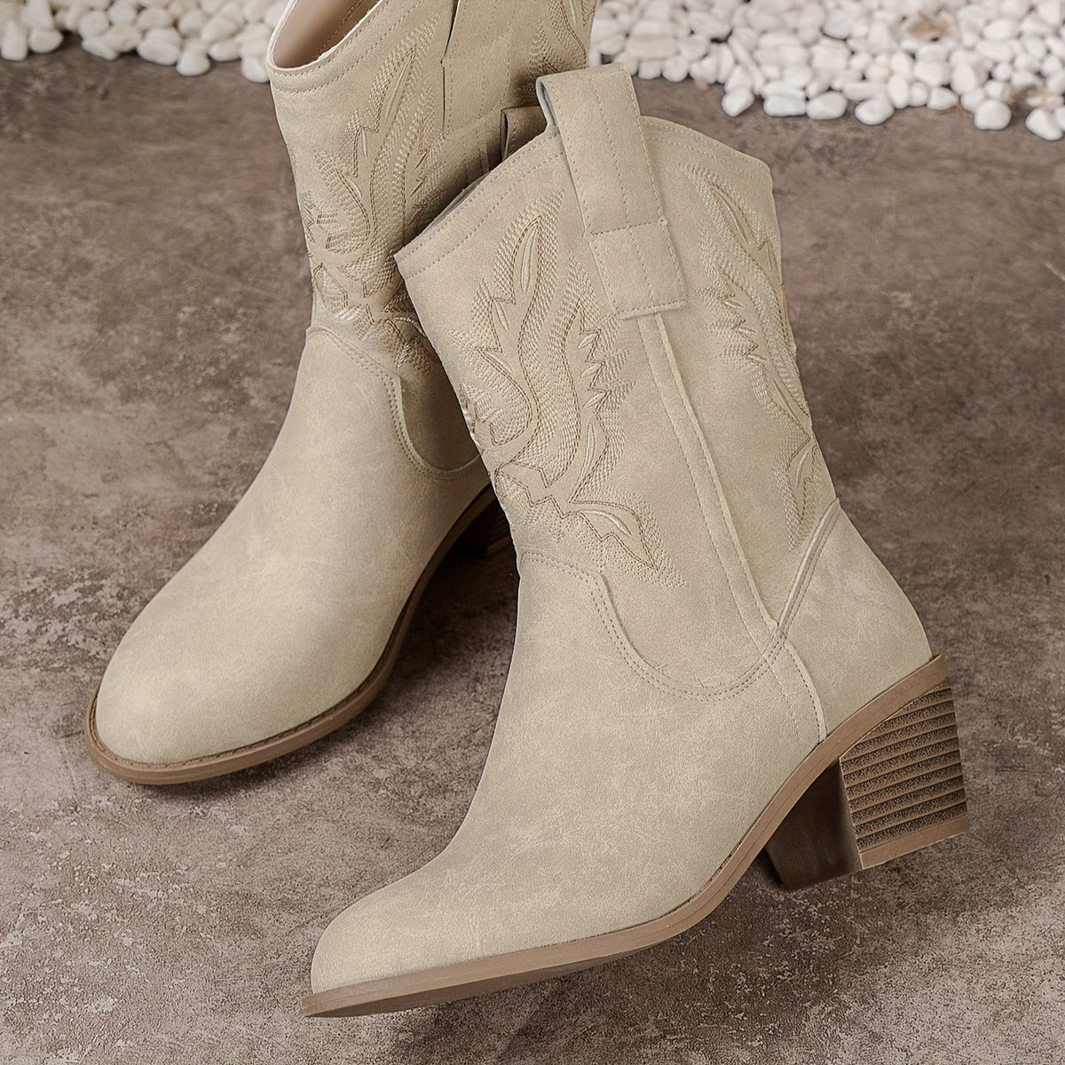 Ladies Beige Western Cowboy Boots Calf High with Block Heel and Side Zip