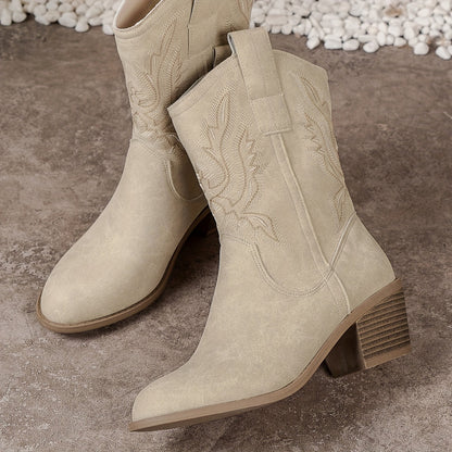 Ladies Beige Western Cowboy Boots Calf High with Block Heel and Side Zip