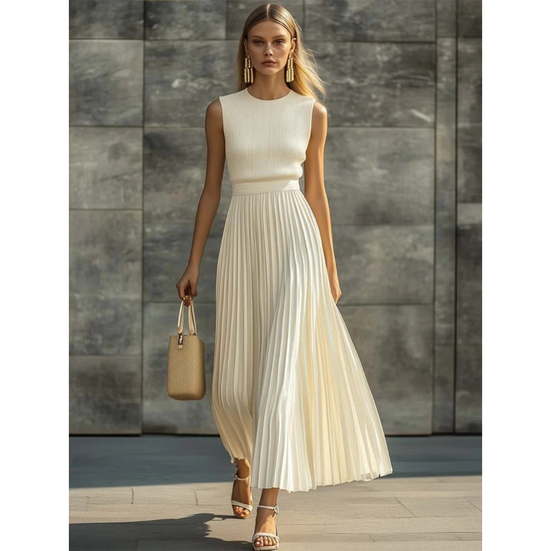 Bernadette | Elegant Cream-Colored Maxi Dress for Women with Pleats