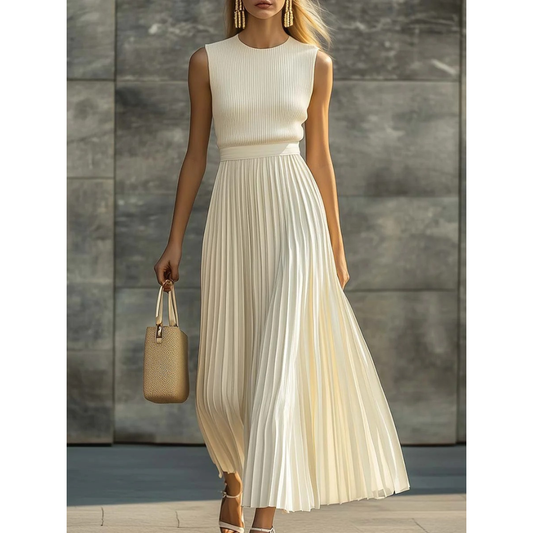 Bernadette | Vestido maxi elegante color crema para mujer con pliegues