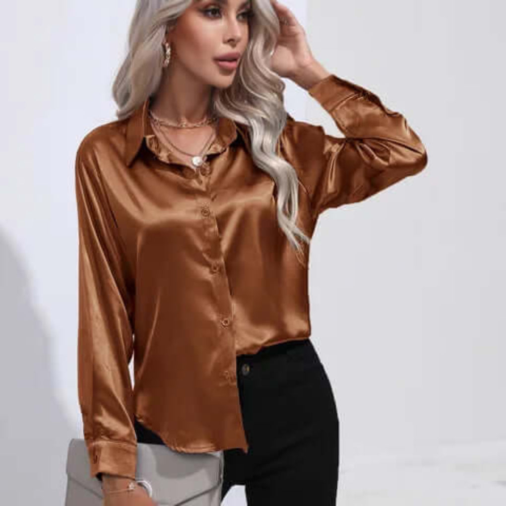 Ladies' Satin Blouse with Long Sleeves and Loose Fit