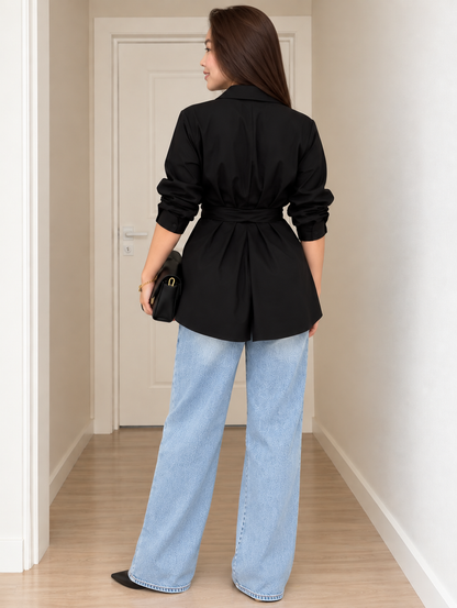 Long Blouse with Waist Button and Long Sleeves for Women